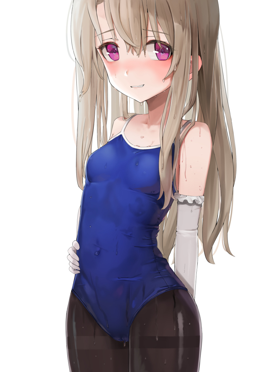 1girl bangs bare_shoulders black_legwear blue_swimsuit blush breasts collarbone commentary_request elbow_gloves eyebrows_visible_through_hair fate/kaleid_liner_prisma_illya fate_(series) gloves highres illyasviel_von_einzbern long_hair looking_at_viewer pantyhose red_eyes simple_background small_breasts smile solo sunga2usagi swimsuit wet wet_clothes wet_hair white_background white_gloves