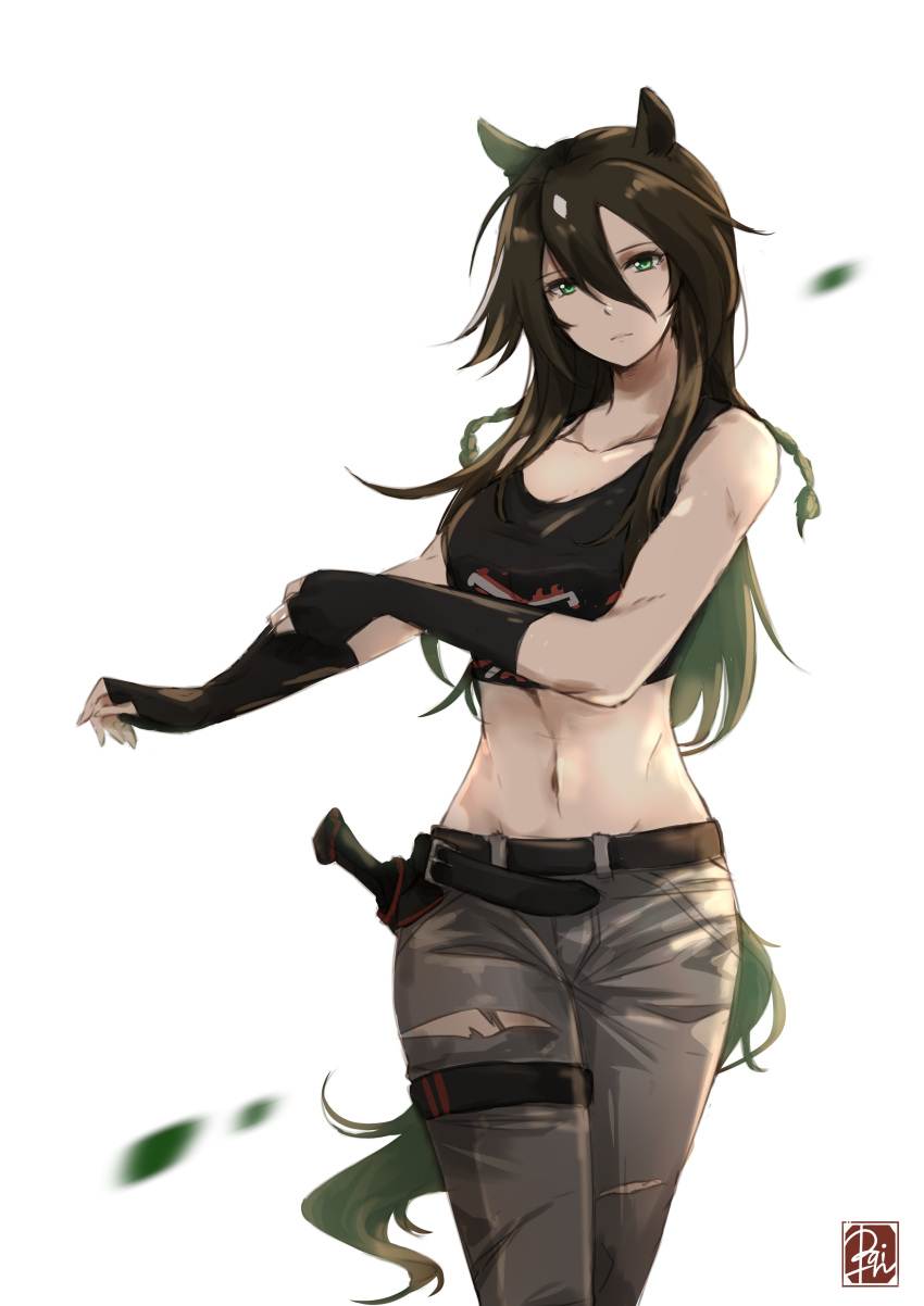 1girl absurdres animal_ears arknights bare_shoulders belt black_gloves black_shirt breasts brown_hair closed_mouth collarbone commentary cowboy_shot crop_top ezraqi fingerless_gloves gloves green_eyes hair_between_eyes highres horse_ears horse_tail long_hair looking_at_viewer meteor_(arknights) midriff navel pants shirt simple_background sleeveless sleeveless_shirt small_breasts solo standing stomach tail tank_top torn_clothes torn_pants white_background