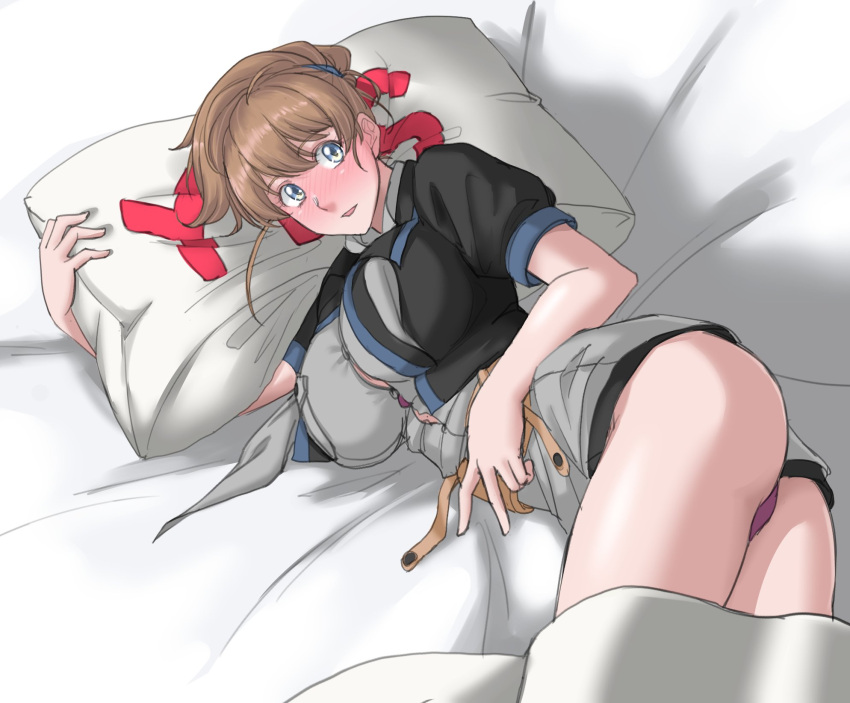 1girl black_shirt blue_eyes blush breast_pocket breasts brown_hair commentary_request cowboy_shot dress grey_dress grey_neckwear highres intrepid_(kantai_collection) kantai_collection large_breasts looking_at_viewer lying on_side panties pink_panties pocket ponytail shirt short_hair solo sozan underwear yes yes-no_pillow