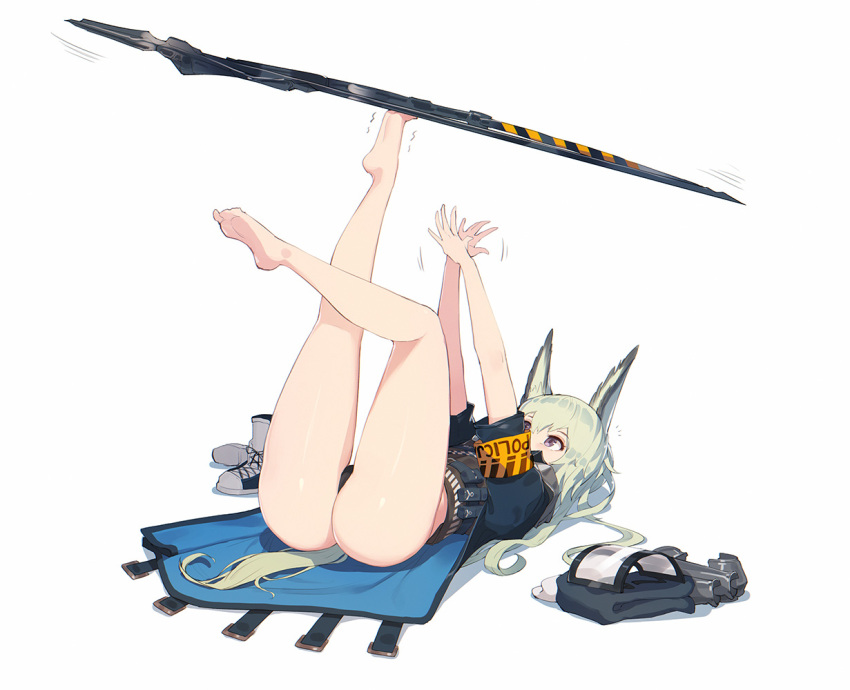 1girl animal_ears arknights ass balancing barefoot black_panties blonde_hair boots_removed ce-_-3 coat grani_(arknights) horse_ears horse_tail long_hair lying on_back overcoat panties solo sword tail trembling underwear violet_eyes weapon
