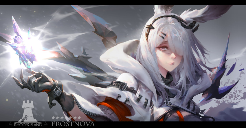 1girl animal_ears arknights bangs black_gloves buckle closed_mouth english_commentary english_text facial_scar frostnova_(arknights) gloves gradient gradient_background grey_background hair_ornament hair_over_one_eye hand_up hood hood_down hooded_jacket jacket letterboxed light_particles long_hair looking_at_viewer nose_scar pink_eyes scar solo tears train_hb upper_body white_hair white_jacket