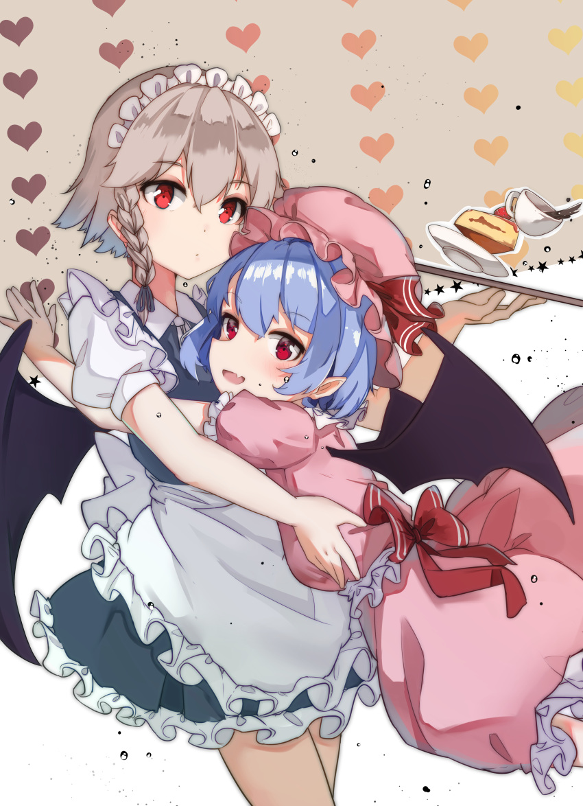 2girls :d absurdres apron bangs blue_dress blue_hair blush braid breasts cake cowboy_shot cup dress eyebrows_visible_through_hair fang food frilled_apron frills glomp grey_background hair_between_eyes hat hat_ribbon heart heart_background highres holding holding_tray hug izayoi_sakuya looking_at_viewer maid maid_apron maid_headdress medium_breasts mob_cap multiple_girls open_mouth petticoat pink_dress pink_headwear plate pointy_ears puffy_short_sleeves puffy_sleeves red_eyes red_ribbon remilia_scarlet ribbon shirt short_dress short_hair short_sleeves silver_hair skin_fang small_rabbit smile standing teacup touhou tray two-tone_background waist_apron white_apron white_background white_shirt