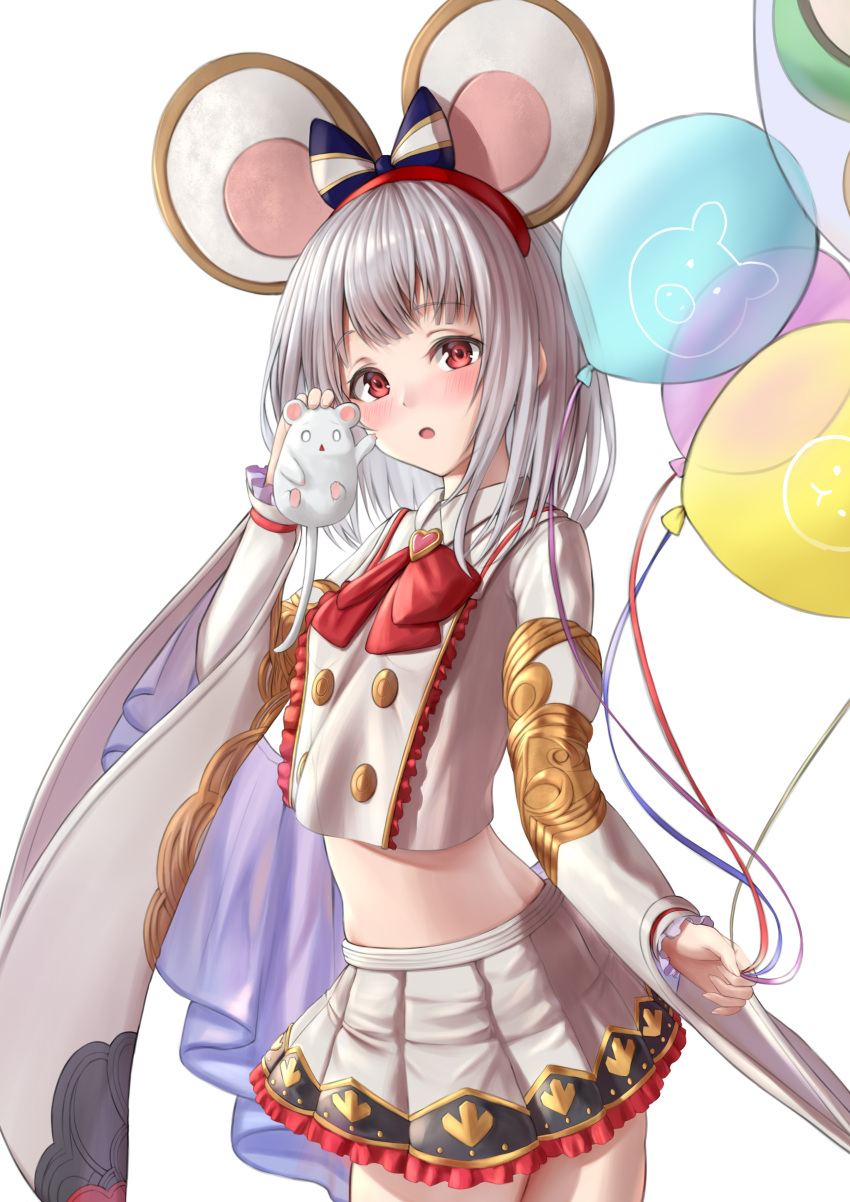 1girl 2020 absurdres animal animal_ears balloon blush buttons chinese_zodiac crop_top crop_top_overhang eyebrows eyebrows_visible_through_hair granblue_fantasy hairband highres holding holding_animal holding_balloon looking_at_viewer mouse mouse_ears new_year rat rat_ears red_eyes shirt silver_hair simple_background solo user_rymn2453 vikala_(granblue_fantasy) white_shirt wide_sleeves year_of_the_rat