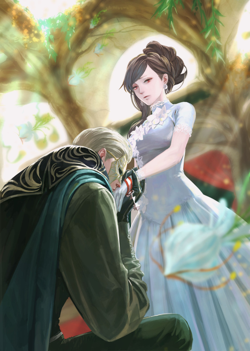 1boy 1girl barbara_(pixiv_fantasia_last_saga) black_gloves braid brown_hair cape dress earrings flower gloves hair_up hand_kiss highres jewelry kiss kneeling long_hair long_sleeves lou_glev mask moyatarou pixiv_fantasia pixiv_fantasia_last_saga red_eyes short_sleeves sunlight white_dress white_earrings