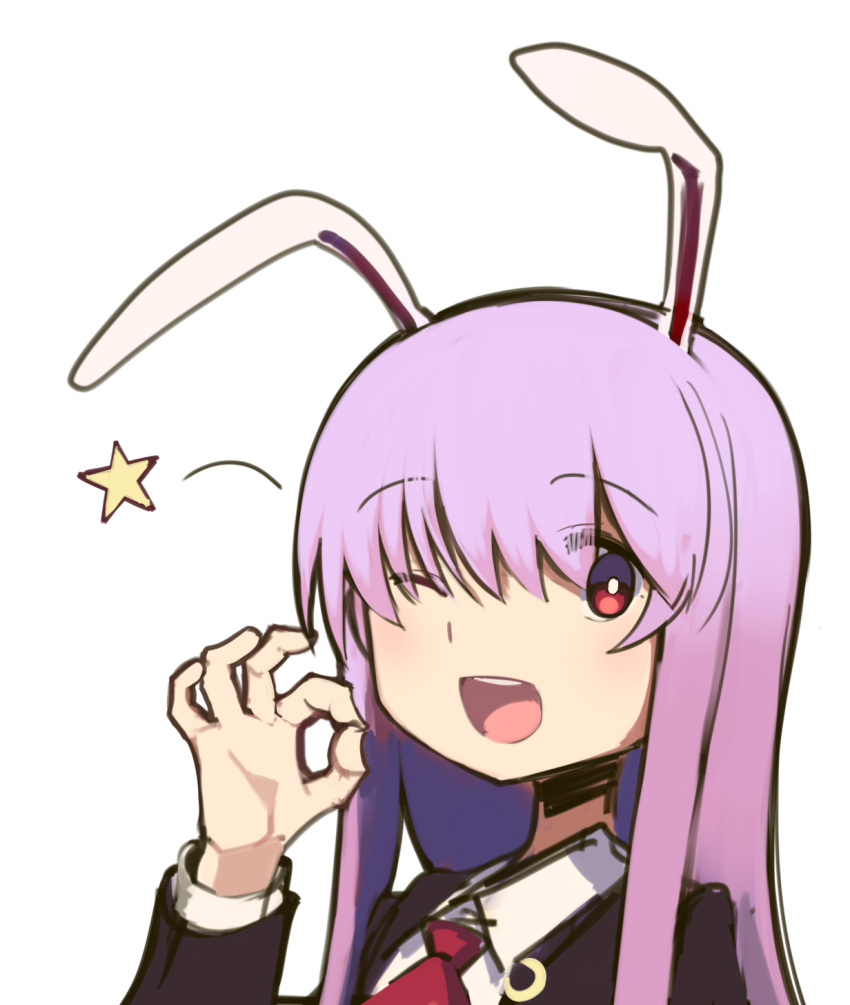 1girl :d animal_ears boa_(brianoa) ear_down eyebrows_visible_through_hair eyes_visible_through_hair hand_up highres long_hair long_sleeves looking_at_viewer necktie ok_sign one_eye_closed open_mouth purple_hair rabbit_ears red_eyes red_neckwear reisen_udongein_inaba round_teeth simple_background smile solo star teeth touhou upper_teeth white_background