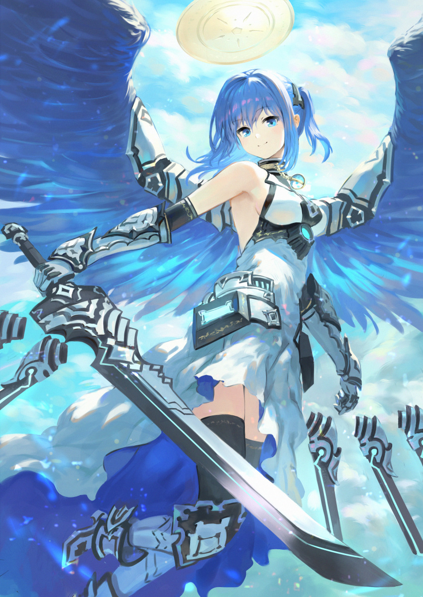 1girl absurdres angel armpits bare_shoulders black_legwear blue_eyes blue_hair blue_sky blue_wings breasts closed_mouth clouds commentary_request day dress eyebrows_visible_through_hair flying gauntlets hair_intakes halo highres holding holding_sword holding_weapon huge_filesize looking_at_viewer medium_breasts metal_boots original outdoors sky smile solo spread_wings sword thigh-highs wasabi60 weapon white_dress wings