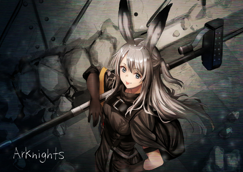 1girl :p animal_ears arknights asymmetrical_gloves black_cloak black_dress black_gloves cloak copyright_name dress elbow_gloves from_above gloves grey_eyes grey_hair hammer holding holding_hammer holding_weapon id_card long_hair looking_at_viewer one_side_up rabbit_ears rin_(028ilc) savage_(arknights) short_dress single_elbow_glove single_glove smile solo tongue tongue_out weapon
