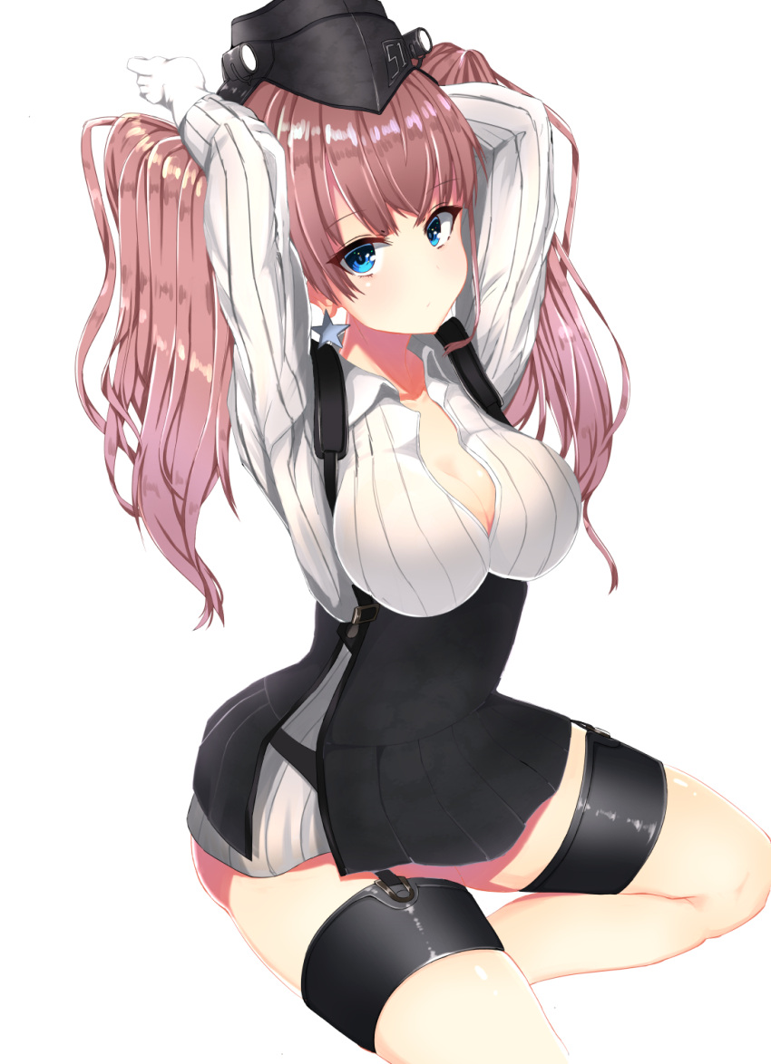 1girl atlanta_(kantai_collection) black_headwear black_skirt blue_eyes blush breasts brown_hair dress_shirt earrings eyebrows_visible_through_hair garrison_cap garter_straps gloves hands_up hat high-waist_skirt highres jewelry kantai_collection large_breasts long_hair long_sleeves looking_at_viewer mugisei333 shirt sitting skirt solo star star_earrings suspender_skirt suspenders two_side_up white_shirt