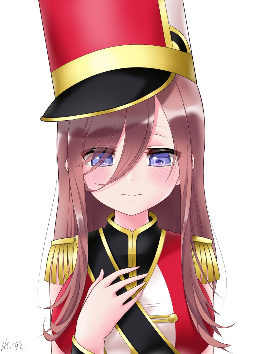 1girl 3: artist_name band_uniform bang_dream! bangs blue_eyes blush breasts brown_hair closed_mouth cosplay costume_switch epaulettes eyebrows_visible_through_hair go-toubun_no_hanayome hair_between_eyes hand_on_own_chest hat highres itou_miku large_breasts long_hair looking_down nakano_miku reizun sash seiyuu_connection shako_cap shirt sidelocks simple_background sleeveless sleeveless_shirt solo tsurumaki_kokoro tsurumaki_kokoro_(cosplay) upper_body white_background