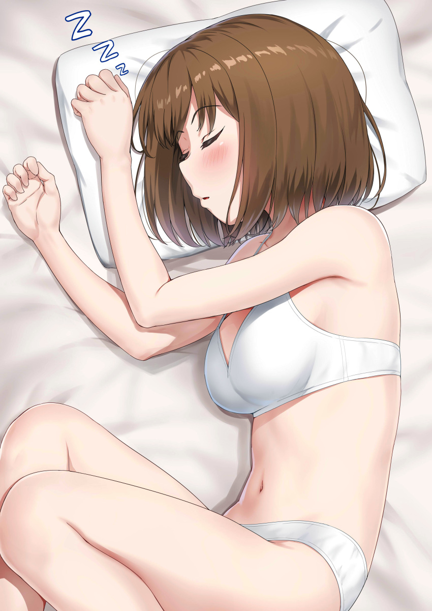 1girl absurdres bra brown_hair closed_eyes commentary highres navel nedia_(nedia_region) original panties parted_lips pillow short_hair sleeping solo underwear underwear_only white_bra white_panties zzz