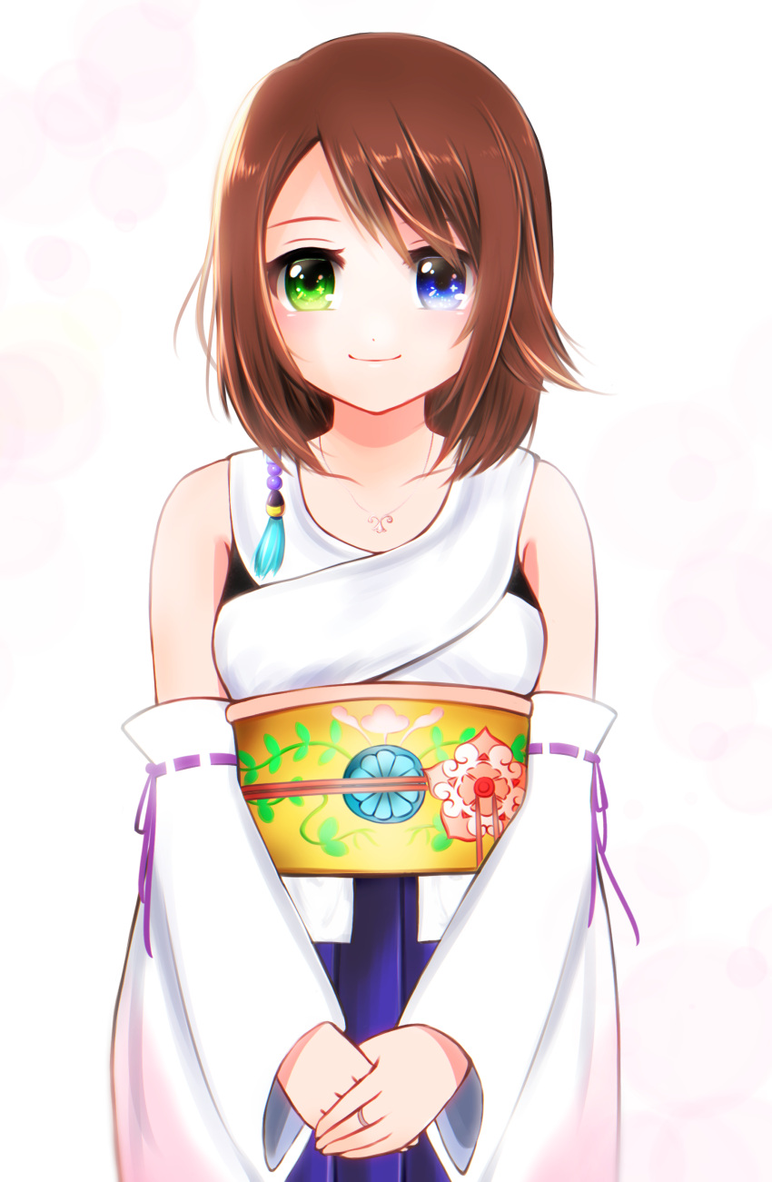 1girl absurdres blue_eyes breasts brown_hair closed_mouth commentary detached_sleeves final_fantasy final_fantasy_x green_eyes hair_ornament hakama heterochromia highres japanese_clothes jewelry looking_at_viewer necklace purple_hakama ring short_hair simple_background smile solo yuna_(ff10)