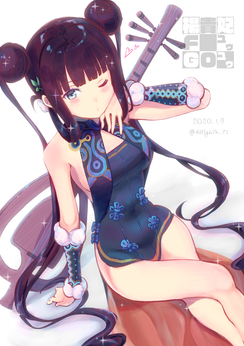 1girl absurdres bangs bare_shoulders blue_dress blue_eyes blunt_bangs blush breasts china_dress chinese_clothes crossed_legs detached_sleeves double_bun dress fate/grand_order fate_(series) hair_ornament hand_on_own_chest hand_up heart highres leaf_hair_ornament long_hair looking_at_viewer medium_breasts one_eye_closed open_mouth pipa_(instrument) purple_hair rorigahaku sidelocks simple_background sitting solo sparkle twintails very_long_hair white_background yang_guifei_(fate/grand_order)