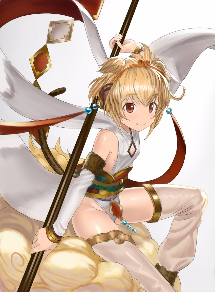 1girl absurdres ahoge andira_(granblue_fantasy) animal_ears bare_shoulders blonde_hair breasts clouds commentary_request detached_sleeves erune flying_nimbus granblue_fantasy hagoromo hairband highres holding leotard long_sleeves looking_at_viewer monkey_ears monkey_tail orange_eyes polearm shawl short_hair sideboob simple_background sitting small_breasts smile solo tail twintails two_side_up wasabi60 weapon white_background