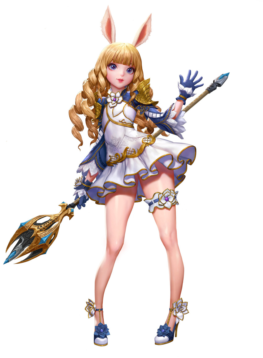 1girl absurdres animal_ears arm_up blonde_hair blue_eyes blue_gloves curly_hair dospi dress elin_(tera) full_body garters gloves high_heels highres legs lips long_hair official_art rabbit_ears shoes short_dress simple_background smile solo staff symbol-shaped_pupils tera_online thighs waving weapon white_background white_dress white_footwear