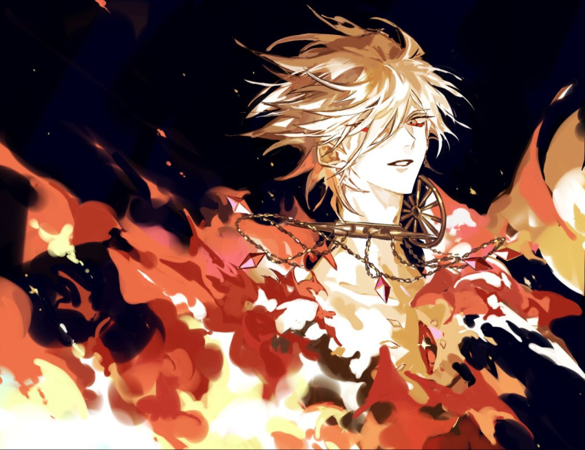 1boy blue_eyes burning collar fate/apocrypha fate_(series) fire jewelry karna_(fate) male_focus mchi pale_skin single_earring solo spiked_collar spikes wheel_earring white_hair white_skin