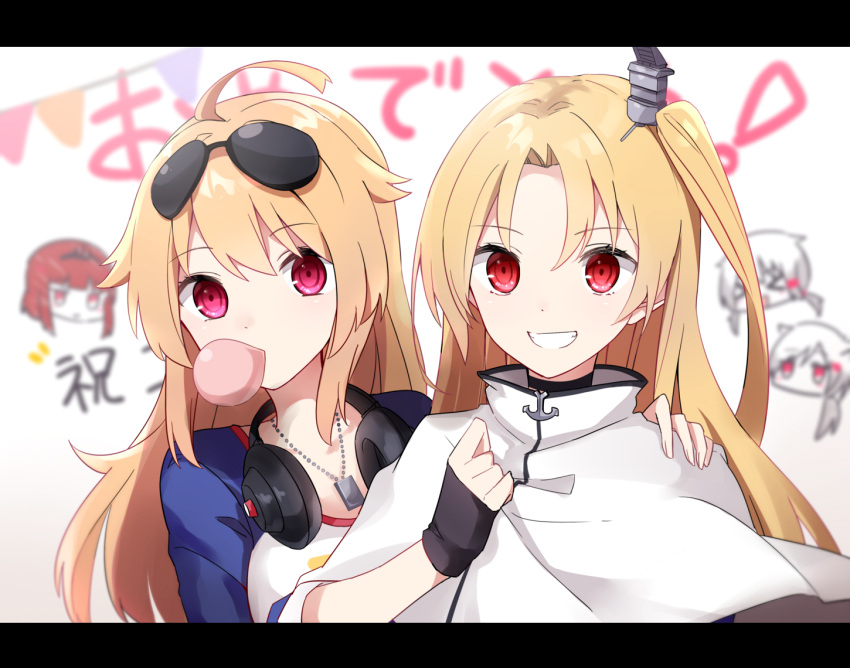 &gt;_&lt; 2girls :d aa_(sin2324) ahoge anchor anchor_hair_ornament azur_lane bangs birmingham_(azur_lane) black_choker black_gloves blonde_hair blue_hairband blue_jacket blurry blurry_background breasts bubble_blowing cameo capelet chewing_gum choker cleveland_(azur_lane) columbia_(azur_lane) commentary_request denver_(azur_lane) dog_tags eyebrows_visible_through_hair eyewear_on_head fingerless_gloves gloves grin hair_ears hair_flaps hair_ornament hairband hairclip hand_on_another's_shoulder hand_up headphones headphones_around_neck jacket jitome large_breasts long_hair looking_at_viewer low_twintails montpelier_(azur_lane) multiple_girls one_side_up open_mouth parted_bangs raglan_sleeves red_eyes sidelocks small_breasts smile star star_print sunglasses translated twintails upper_body white_background white_capelet white_hair xd