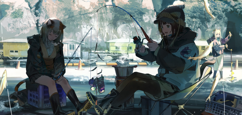 3girls absurdres animal_ears auger beanie black_footwear boots building cargo_shorts day fishing fishing_rod flag hat highres ice jacket kukka multiple_girls nail_polish original pom_pom_(clothes) portable_stove rubber_boots shoe_soles shorts sitting snow tagme tail thigh-highs thighhighs_under_boots traffic_cone winter winter_clothes