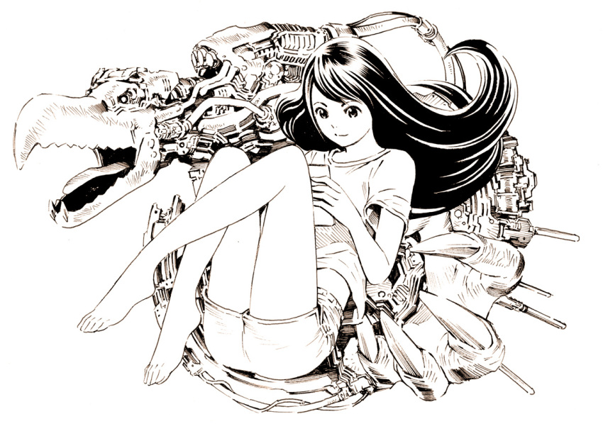 1girl barefoot black_hair claws commentary_request greyscale knees_up long_hair machine monochrome original shirt short_sleeves shorts simple_background smile solo tongue tongue_out white_background yoshitomi_akihito