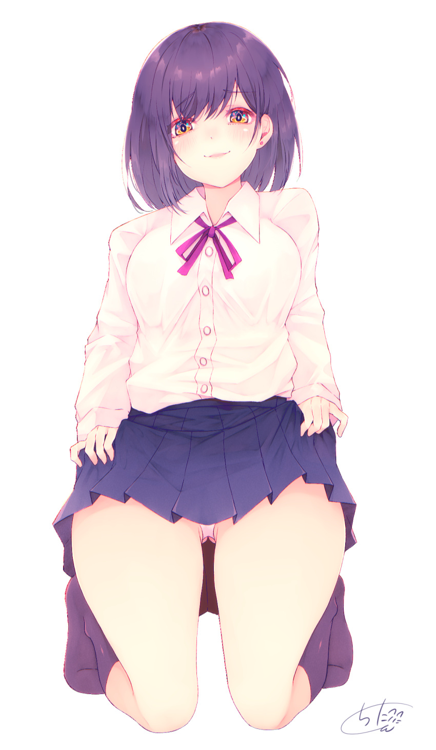 1girl ass_visible_through_thighs bangs black_hair black_legwear blue_skirt blush brown_eyes chita_(ketchup) collared_shirt commentary_request dress_shirt earrings eyebrows_visible_through_hair highres jewelry kneehighs kneeling lifted_by_self long_sleeves looking_at_viewer neck_ribbon no_shoes original panties parted_lips pleated_skirt purple_ribbon ribbon shirt signature simple_background skirt skirt_lift sleeves_past_wrists smile solo stud_earrings underwear white_background white_panties white_shirt