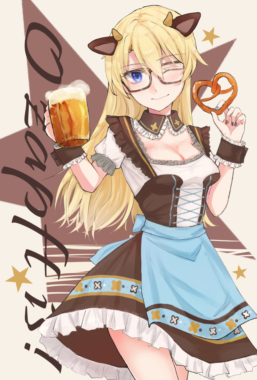 1girl alcohol alice_gear_aegis animal_ears apron beer beer_mug blonde_hair blue_eyes blue_nails cow_ears cowboy_shot cross-laced_clothes detached_sleeves dress eyebrows_visible_through_hair fake_animal_ears fingernails german_clothes glasses highres one_eye_closed sikisikisikibu solo star virginia_glynnberets waist_apron