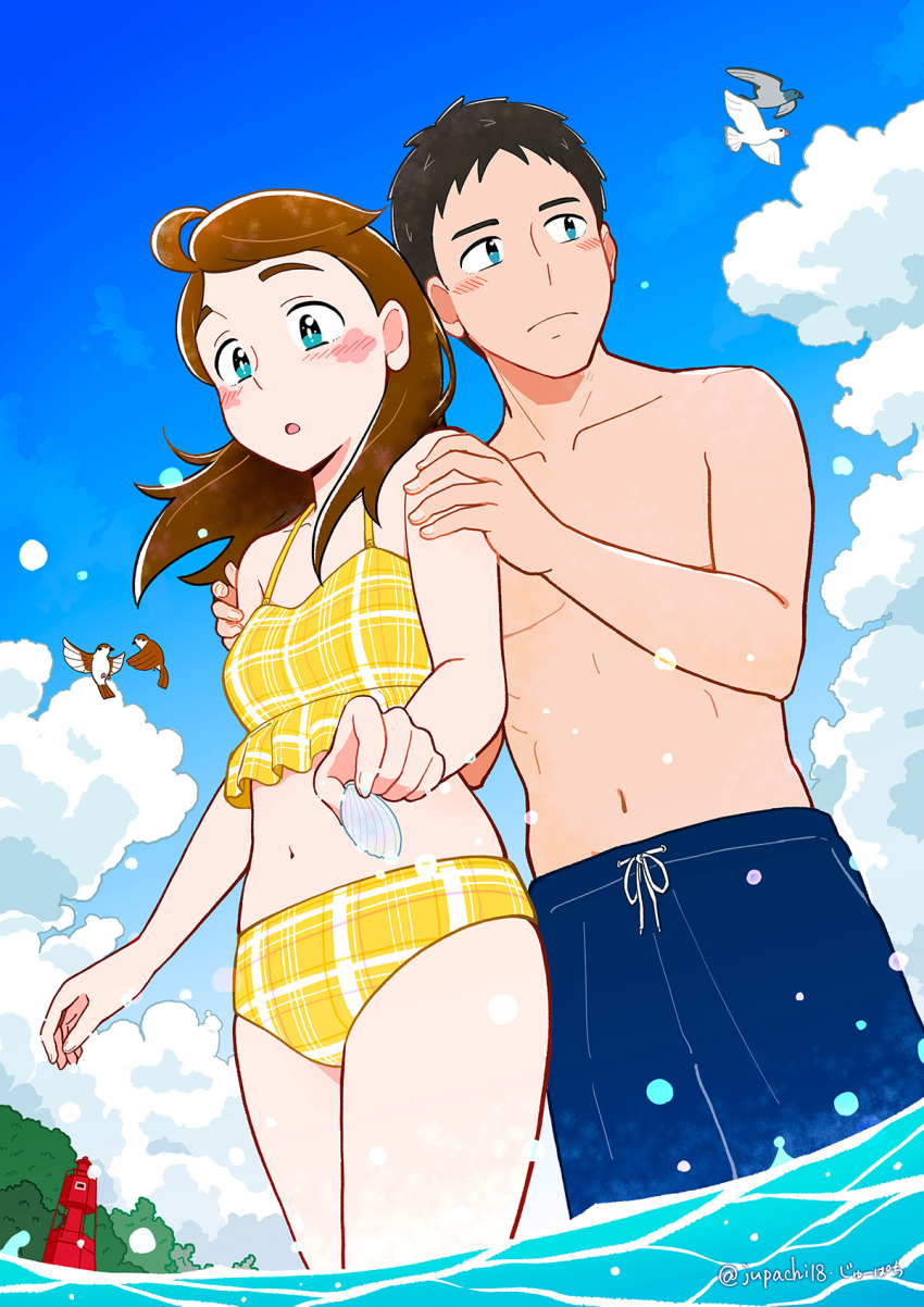 1boy 1girl aqua_eyes bird black_hair blue_sky blush brown_hair clouds cloudy_sky commentary_request cowboy_shot day eurasian_tree_sparrow from_below hands_on_another's_shoulders highres holding_shell jupachi18 long_hair male_swimwear navel ocean original outdoors parted_lips plaid plaid_swimsuit plant seashell shell shirtless short_hair signature sky sparrow swim_trunks swimsuit swimwear tree twitter_username yellow_swimsuit