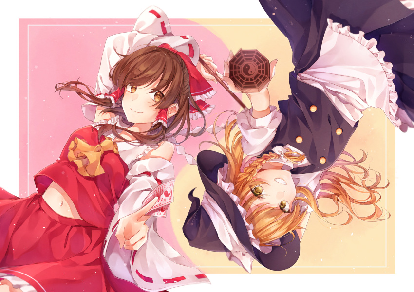 2girls :p absurdres apron arm_up bangs black_headwear black_skirt bow braid brown_eyes brown_hair closed_mouth frilled_apron frilled_bow frilled_hair_tubes frills from_above grin hair_bow hair_tubes hakurei_reimu hat highres huge_filesize imoko_hyp kirisame_marisa long_hair long_sleeves looking_at_viewer lying midriff miniskirt multiple_girls navel on_back red_bow red_shirt red_skirt ribbon-trimmed_sleeves ribbon_trim shiny shiny_hair shirt short_sleeves single_braid skirt sleeveless sleeveless_shirt smile stomach swept_bangs tongue tongue_out touhou waist_apron white_apron white_bow white_sleeves wide_sleeves witch_hat yellow_eyes yellow_neckwear