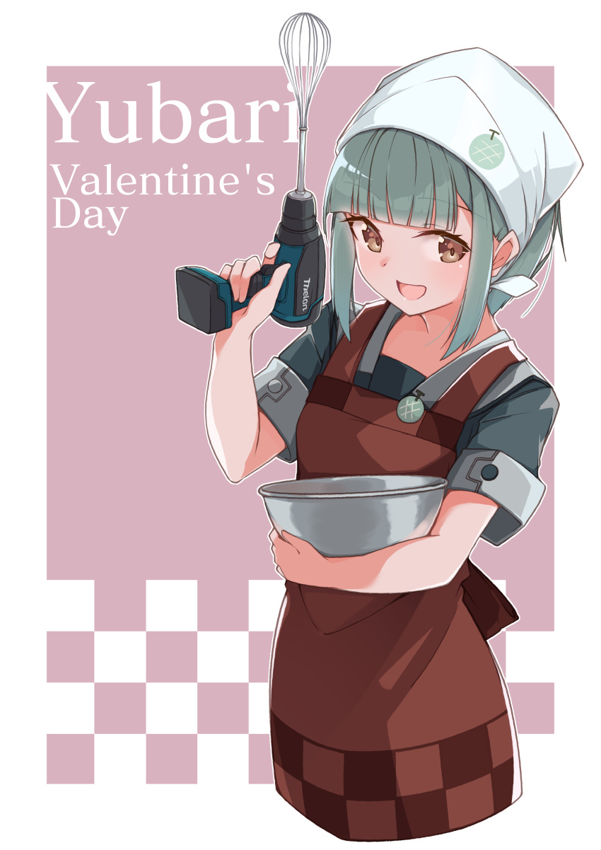 :d absurdres apron bangs blunt_bangs bowl brown_apron brown_eyes character_name cowboy_shot eyebrows_visible_through_hair green_hair highres holding holding_bowl kantai_collection looking_at_viewer open_mouth remodel_(kantai_collection) school_uniform serafuku short_sleeves sidelocks smile uut valentine yuubari_(kantai_collection)