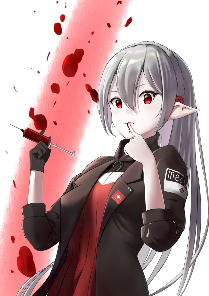 1girl absurdres arknights black_jacket blood blood_on_fingers blood_sample blush breasts closed_mouth cross eyebrows finger_to_mouth grey_hair hair_between_eyes hair_ornament highres jacket long_hair looking_at_viewer medic red_eyes ribbed_shirt shirt simple_background small_breasts solo syringe tied_hair user_rymn2453 vampire warfarin_(arknights) white_background