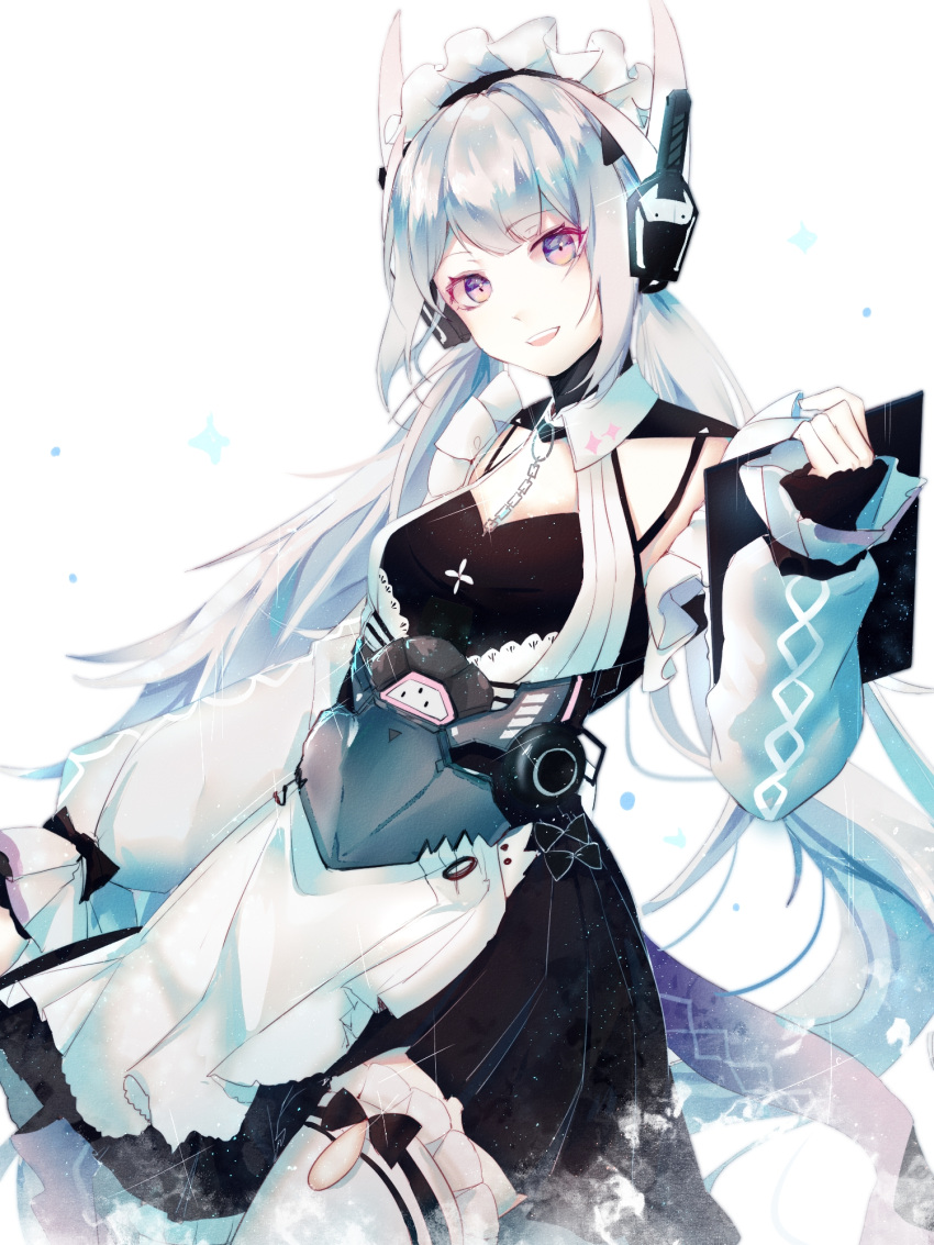 1girl :d alternate_costume bangs black_skirt breasts chain dress enmaided hand_up headphones highres liv_(punishing:_gray_raven) long_hair looking_at_viewer maid open_mouth punishing:_gray_raven silver_hair skirt smile solo standing thigh-highs violet_eyes white_background white_legwear windworker