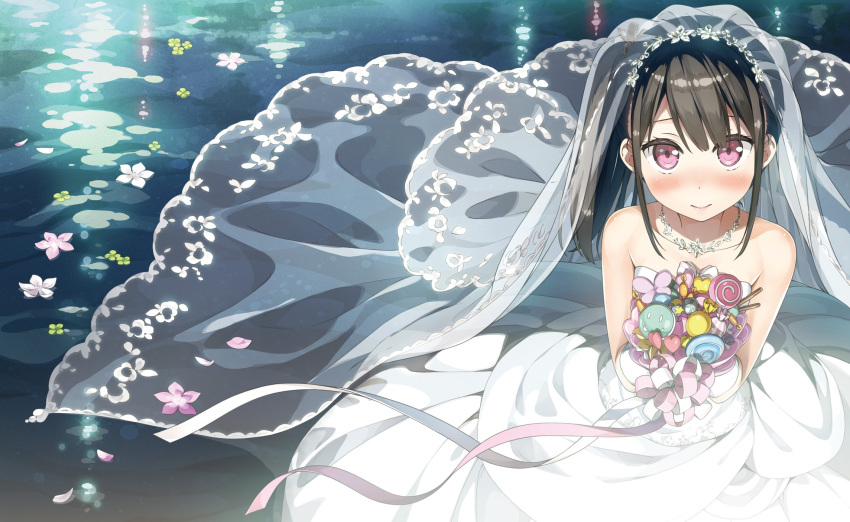 1girl 3: bangs bare_shoulders black_hair blush bouquet breasts bridal_veil bride closed_mouth collarbone dress elbow_gloves flower from_above gloves hair_ribbon highres holding holding_bouquet jewelry kantoku long_hair looking_at_viewer necklace necktie original plaid ribbon shizuku_(kantoku) side_ponytail sidelocks small_breasts smile solo strapless strapless_dress tsurime veil violet_eyes water wedding_dress white_dress white_gloves