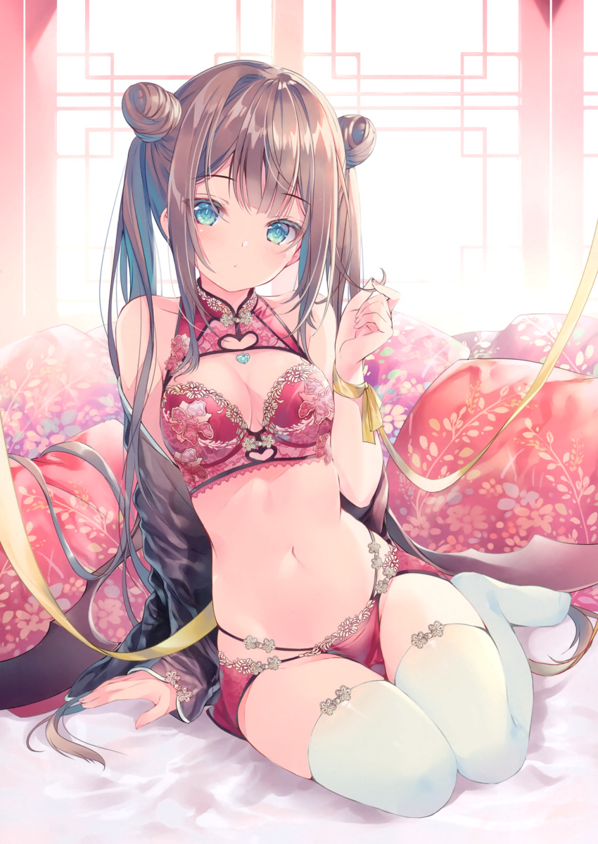 1girl absurdres arm_support bangs blue_eyes blush breasts brown_hair cleavage_cutout double_bun eyebrows_visible_through_hair fingernails floral_print full_body highres indoors looking_at_viewer medium_breasts miwabe_sakura navel off_shoulder original pillow scan shiny shiny_hair sitting solo stomach thigh-highs tied_hair underwear underwear_only white_legwear wings