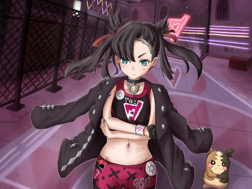 1girl alicization6718 aqua_eyes asymmetrical_bangs asymmetrical_hair bangs bare_shoulders black_hair black_jacket black_nails blush breasts choker collarbone commentary_request earrings gen_8_pokemon hair_ribbon highres jacket jacket_on_shoulders jewelry looking_at_viewer mary_(pokemon) midriff morpeko navel open_clothes outdoors pokemon pokemon_(creature) pokemon_(game) pokemon_swsh red_ribbon ribbon shirt twintails