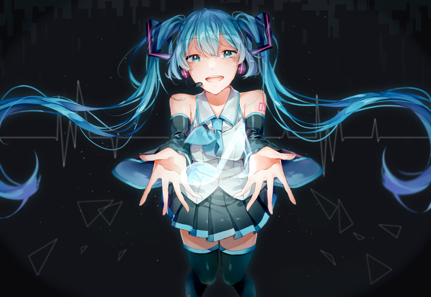 1girl :d absurdres bangs black_background black_footwear black_skirt black_sleeves blue_eyes blue_hair blue_neckwear boots collared_shirt detached_sleeves eyebrows_visible_through_hair floating_hair hair_between_eyes hatsune_miku headphones headset highres huge_filesize imoko_hyp long_hair long_sleeves looking_at_viewer microphone miniskirt necktie open_mouth outstretched_arms outstretched_hand pleated_skirt reaching_out shiny shiny_hair shirt skirt sleeveless sleeveless_shirt smile solo standing thigh-highs thigh_boots very_long_hair vocaloid white_shirt wing_collar zettai_ryouiki