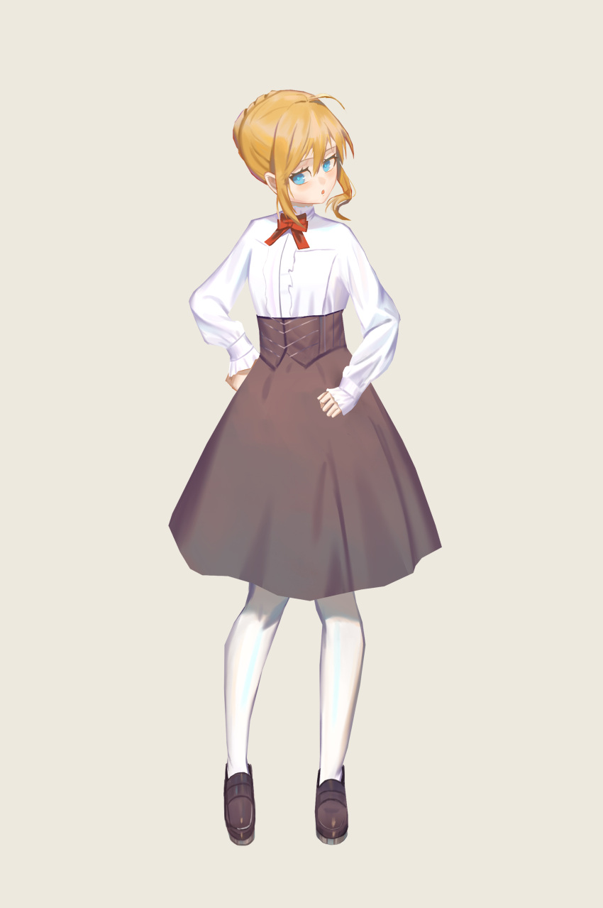 1girl absurdres ahoge artoria_pendragon_(all) bangs blonde_hair blue_eyes bow bowtie braid brown_footwear brown_skirt corset crown_braid dress_shirt fate/stay_night fate_(series) full_body grey_background hair_between_eyes highres loafers long_sleeves medium_skirt open_mouth red_bow red_neckwear saber shiny shiny_hair shirt shoes short_hair sidelocks simple_background skirt solo standing vinkyfre white_legwear white_shirt