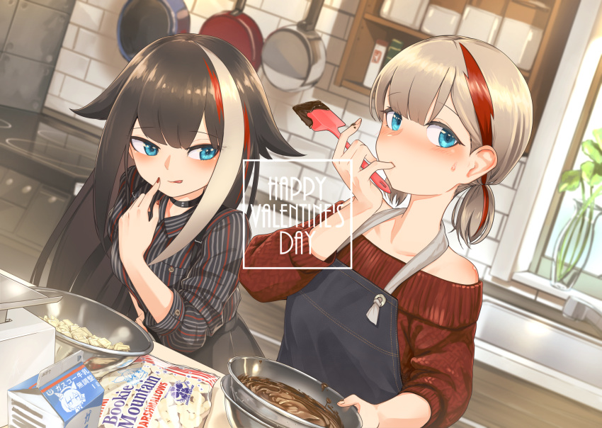 2girls admiral_graf_spee_(azur_lane) alternate_costume alternate_hairstyle apron azur_lane bangs bare_shoulders black_choker black_hair blue_eyes blush chocolate chocolate_making choker collared_shirt commentary_request deutschland_(azur_lane) eyebrows_visible_through_hair food high-waist_skirt highres indoors kitchen leaning_forward licking_lips long_hair looking_at_another looking_at_viewer marshmallow milk multicolored_hair multiple_girls nail_polish plant pot potted_plant red_nails red_sweater seigetsu_kotaku shirt short_hair sidelocks skirt spatula stove streaked_hair striped striped_shirt sweatdrop sweater tongue tongue_out valentine very_long_hair white_hair