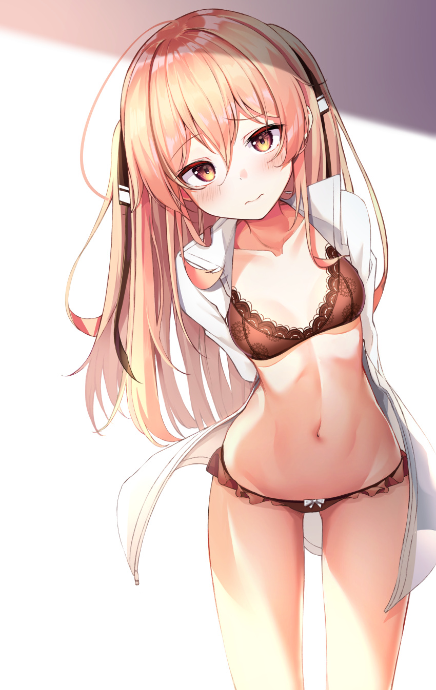 1girl 3: absurdres ahoge apple_ringo arms_behind_back blonde_hair bra breasts brown_bra brown_panties collarbone cowboy_shot frilled_panties frills groin hair_ribbon head_tilt highres lingerie long_hair looking_at_viewer navel no_pants open_clothes open_shirt orange_eyes original panties raised_eyebrow ribbon shirt small_breasts solo standing stomach thighs two_side_up underwear white_shirt