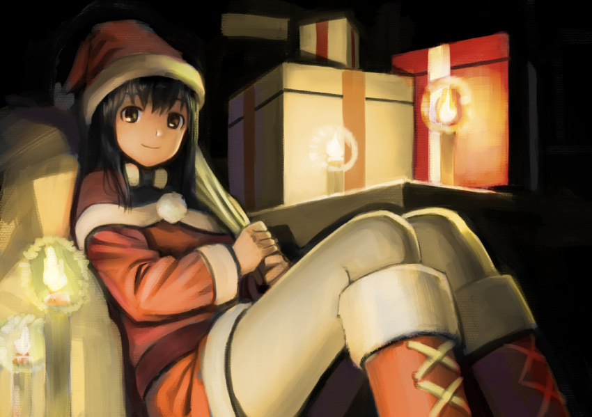 1girl bangs black_eyes black_hair boots candle candlelight commentary_request feet_out_of_frame gift hat leaning_back looking_at_viewer original pantyhose puffy_sleeves sack santa_boots santa_costume santa_hat sitting smile solo wasabi60 white_legwear