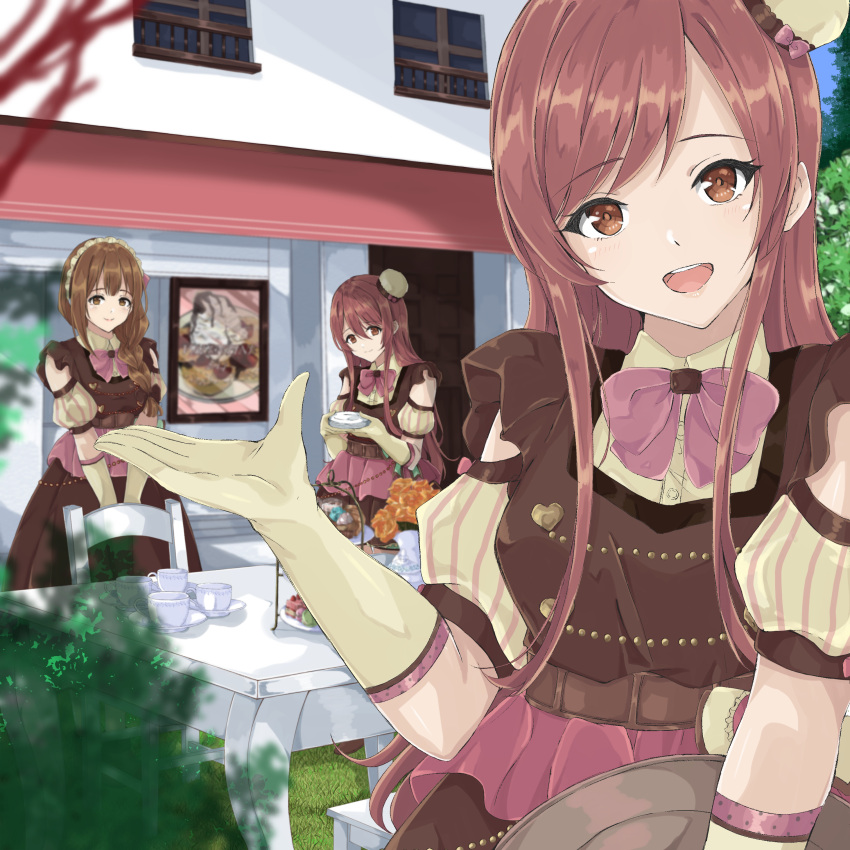 3girls absurdres bangs blush bow braid breasts brown_eyes brown_hair brown_headwear chair commentary cup dress duffy eyebrows_visible_through_hair hair_over_shoulder highres holding idolmaster idolmaster_shiny_colors kuwayama_chiyuki large_breasts long_braid long_hair looking_at_viewer medium_breasts multiple_girls oosaki_amana oosaki_tenka open_mouth outdoors pink_bow short_sleeves single_braid smile table teacup