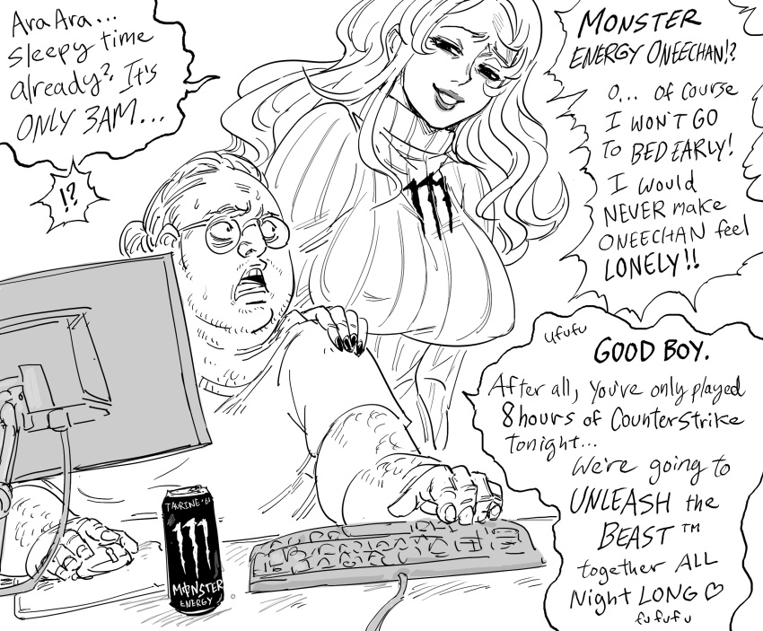 !? 1boy 1girl bb_(baalbuddy) breasts catchphrase commission counter-strike energy_drink english_text facial_hair glasses greyscale hand_on_shoulder highres keyboard large_breasts long_hair looking_at_another monitor monochrome monster_energy nail_polish open_mouth original personification ponytail ribbed_sweater round_eyewear simple_background smile stubble sweater white_background wide-eyed