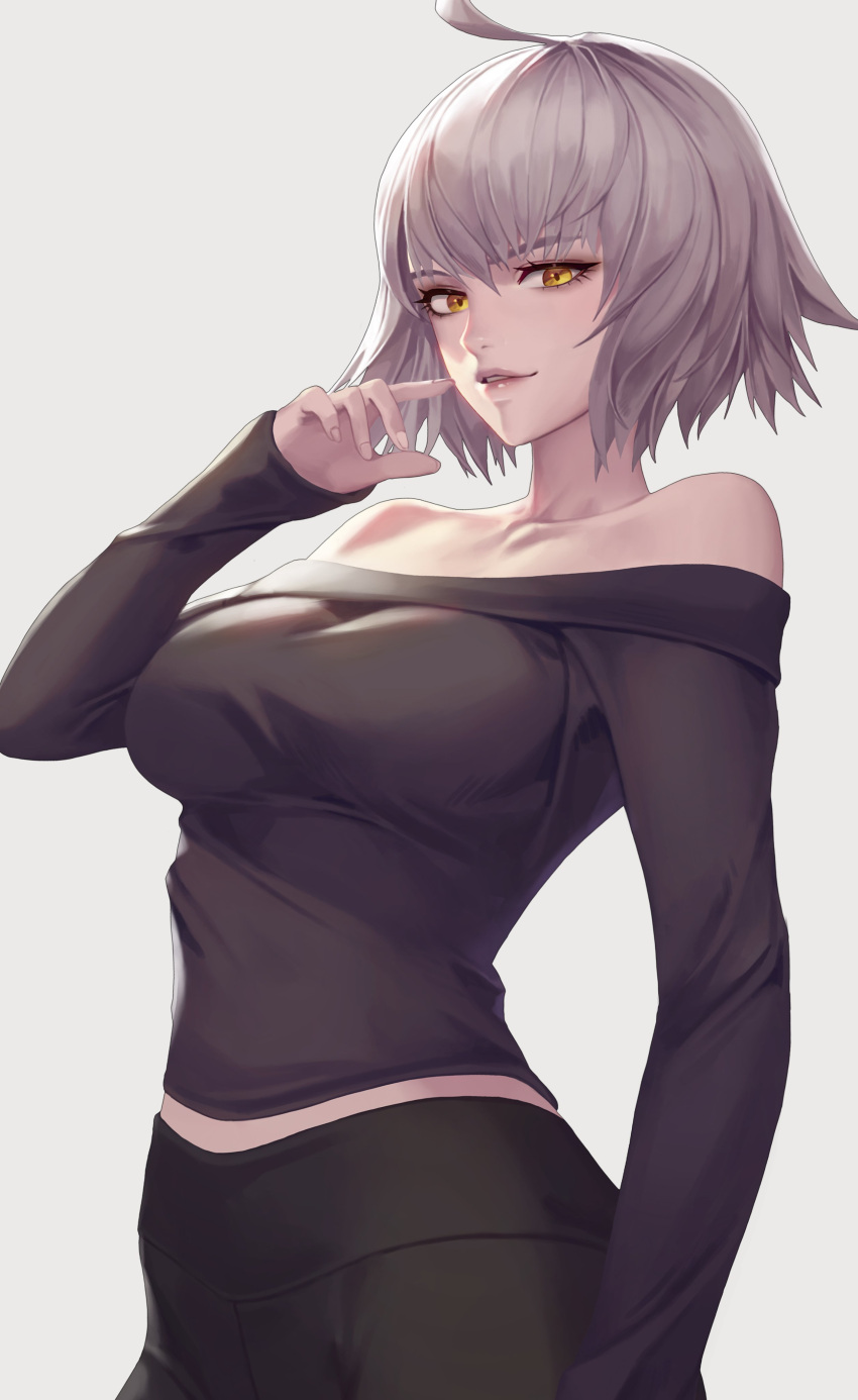 1girl absurdres bare_shoulders breasts collarbone cowboy_shot fate/grand_order fate_(series) finger_to_mouth grey_hair highres jeanne_d'arc_(alter)_(fate) jeanne_d'arc_(fate)_(all) looking_at_viewer medium_breasts midriff_peek short_hair sleeves_past_wrists smirk solo sweater voonalex98 white_background yellow_eyes