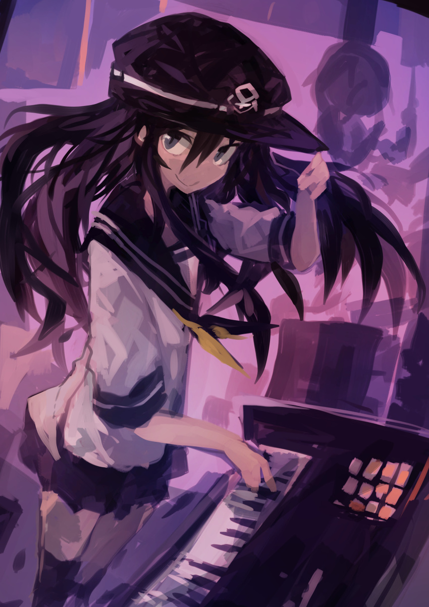 1girl absurdres akatsuki_(kantai_collection) black_headwear black_sailor_collar black_skirt flat_cap hair_between_eyes hat highres instrument kaamin_(mariarose753) kantai_collection keyboard_(instrument) long_hair music neckerchief playing_instrument pleated_skirt purple_hair sailor_collar school_uniform serafuku skirt smile solo standing violet_eyes yellow_neckwear