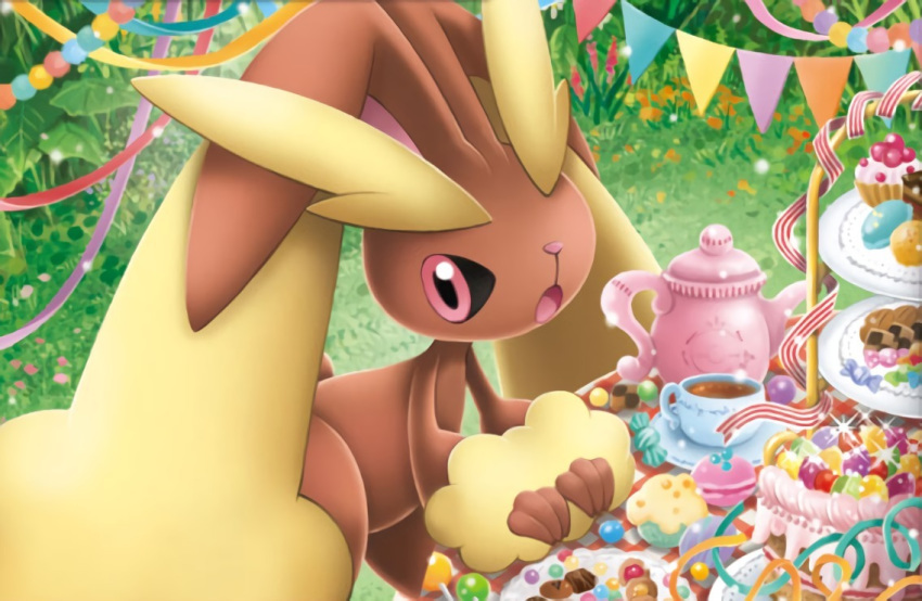 :o cake candy cookie creature cup food gen_4_pokemon grass himeno_kagemaru lopunny macaron no_humans official_art pink_eyes pokemon pokemon_(creature) pokemon_trading_card_game rabbit saucer solo standing table tablecloth tea teacup third-party_source