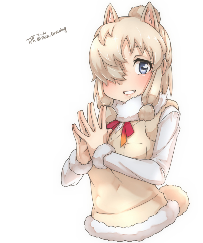 1girl alpaca_ears alpaca_suri_(kemono_friends) alpaca_tail animal_ears artist_logo bangs blonde_hair blue_eyes breast_pocket cropped_torso extra_ears fur-trimmed_sleeves fur_collar fur_trim grin hair_bun hair_over_one_eye hands_up highres horizontal_pupils kemono_friends long_sleeves looking_at_viewer medium_hair neck_ribbon own_hands_together platinum_blonde_hair pocket ribbon shirt sidelocks simple_background smile solo sweater_vest tail thin_(suzuneya) twitter_username upper_body white_background