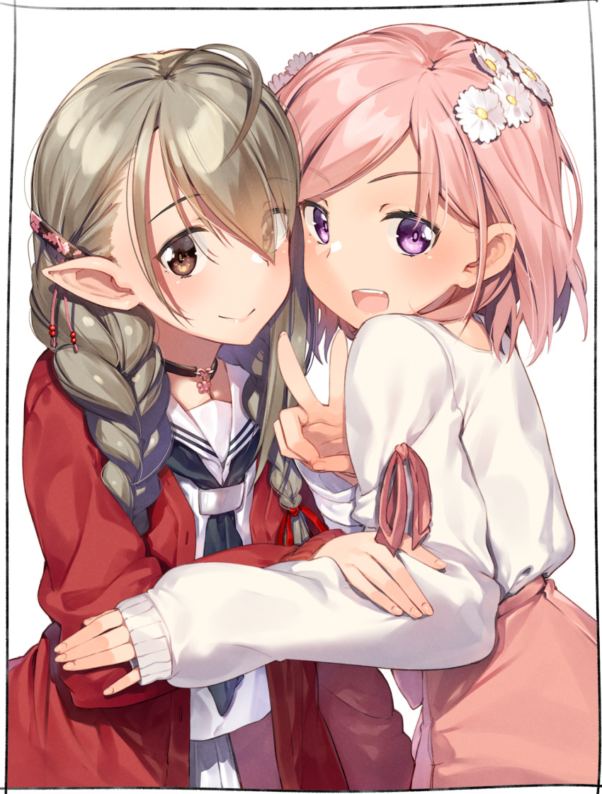2girls :d ahoge bangs black_neckwear blush braid brown_eyes brown_hair closed_mouth commentary_request eyebrows_visible_through_hair fang flower grey_skirt hair_between_eyes hair_flower hair_ornament highres jacket kei_(soundcross) long_hair long_sleeves looking_at_viewer low_twintails multiple_girls neckerchief open_clothes open_jacket open_mouth original pink_hair pink_ribbon pink_skirt pleated_skirt pointy_ears red_jacket ribbon sailor_collar school_uniform serafuku shirt skirt sleeves_past_wrists smile twin_braids twintails upper_teeth v violet_eyes white_background white_flower white_sailor_collar white_shirt