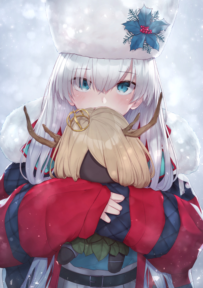 1girl anastasia_(fate/grand_order) bangs blue_eyes blush breasts cape commentary_request crown doll dress eyebrows_visible_through_hair fate/grand_order fate_(series) hair_over_one_eye hairband highres holding long_hair looking_at_viewer reuri_(tjux4555) silver_hair solo very_long_hair viy
