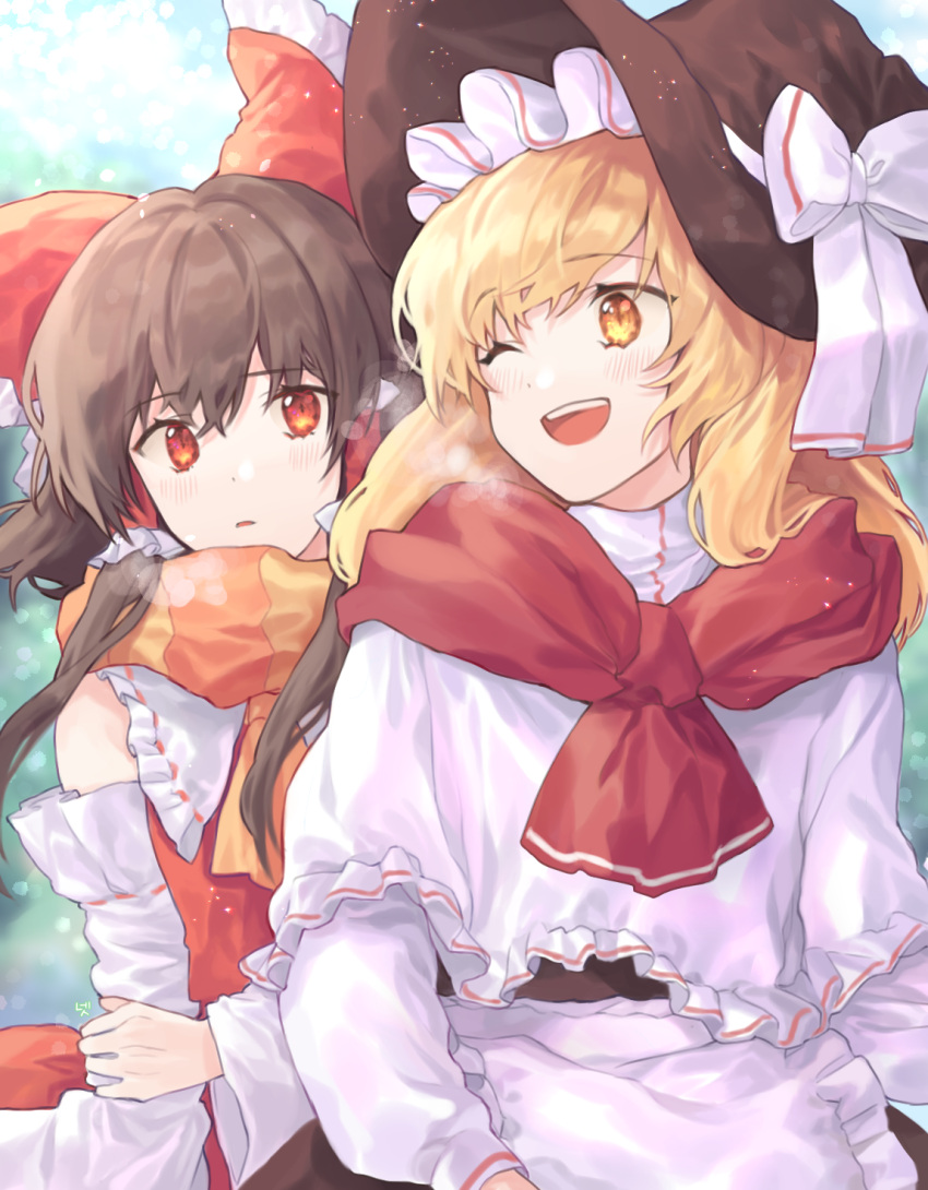 2girls ;d apron bangs bare_shoulders black_dress black_headwear blonde_hair blush bow breath brown_hair capelet cheunes commentary detached_sleeves dress eyebrows_visible_through_hair frilled_apron frilled_bow frilled_shirt_collar frills hair_bow hair_tubes hakurei_reimu hat hat_bow highres kirisame_marisa light_particles long_hair long_sleeves looking_at_another multiple_girls one_eye_closed open_mouth orange_scarf parted_lips red_bow red_eyes red_scarf scarf sidelocks smile touhou upper_body waist_apron white_apron white_bow white_capelet witch_hat yellow_eyes