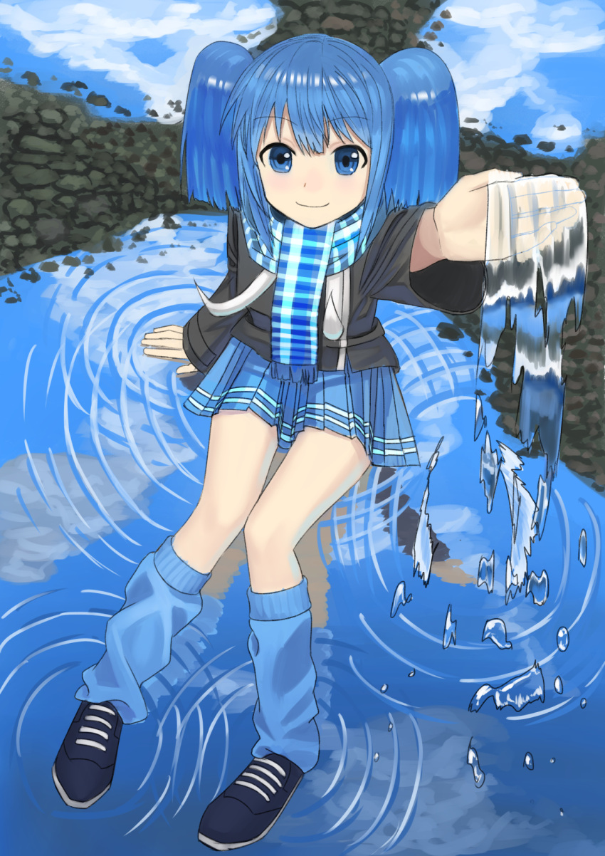 1girl bad_id bad_twitter_id bangs blue_eyes blue_hair blue_scarf blue_skirt blue_theme clouds cloudy_sky commentary_request day dot_nose eyebrows_visible_through_hair highres looking_at_viewer looking_up original outstretched_arm reflection ripples scarf shoes short_hair sitting_on_water skirt sky smile solo twintails wasabi60 water_in_hands