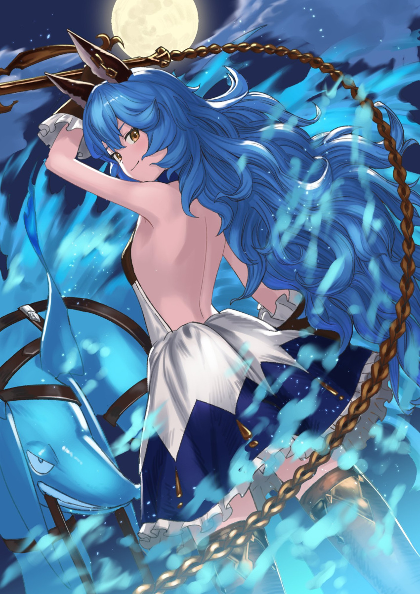 1girl animal_ears backless_outfit bangs bare_back bare_shoulders black_gloves blue_hair blue_skirt blue_theme breasts brown_eyes chain closed_mouth clouds cloudy_sky commentary_request erune eyebrows_visible_through_hair ferry_(granblue_fantasy) frilled_skirt frills from_behind full_moon gloves granblue_fantasy hair_between_eyes highres holding long_hair moon night night_sky outdoors pleated_skirt shirt skirt sky small_breasts smile solo very_long_hair wasabi60 white_shirt