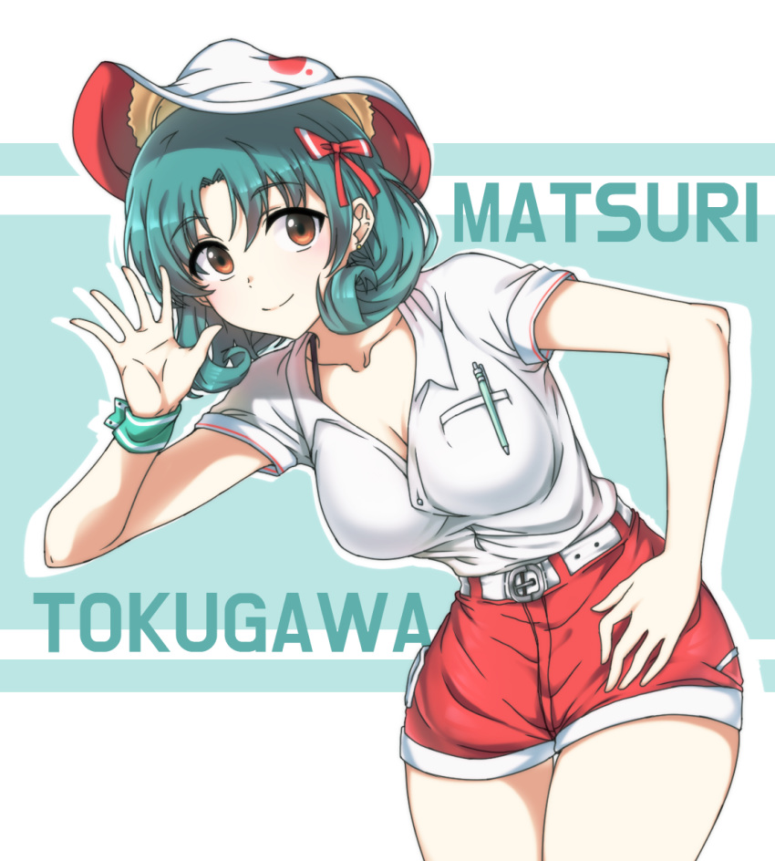 1girl belt belt_buckle bra_strap breasts brown_eyes buckle character_name collarbone commentary cowboy_shot curly_hair eyebrows_visible_through_hair green_hair green_wristband hair_ribbon hand_on_hip hand_up hat highres idolmaster idolmaster_million_live! looking_at_viewer medium_breasts medium_hair pen pocket polo_shirt red_ribbon red_shorts ribbon shirt short_shorts shorts sidarim simple_background smile solo tokugawa_matsuri white_belt white_shirt