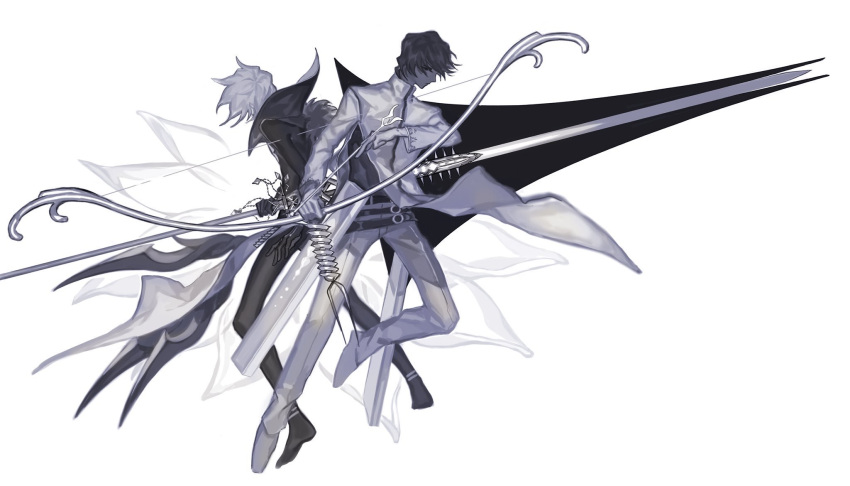 2boys agni_gandiva arjuna_(fate/grand_order) bodysuit bow_(weapon) fate/apocrypha fate/grand_order fate_(series) high_collar highres karna_(fate) male_focus mchi midriff midriff_peek monochrome multiple_boys polearm spear vasavi_shakti weapon